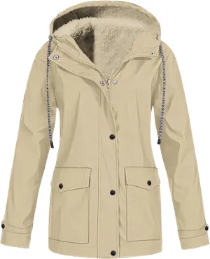 2024 Fall Winter Fleece Lined Rain Jacket Women Long Sleeve Hiking Lightweight Softshell Raincoat Hooded Trench Coats