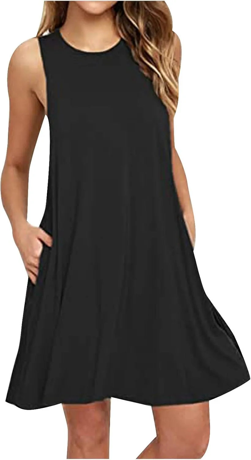2025 Women Casual Pockets Sundress Sleeveless Loose Tank Mini Dress Swing Flowy Beach Sundresses Vacation Outfits