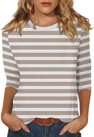 3/4 Length Sleeve Womens Tops Plus Size,Basic Elbow Sleeve Workout Top Striped Shirt Crew Neck 3 Quarter Sleeve Tees