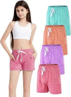 4 Pack Girls Athletic Shorts Dry-Fit Basketball Shorts with Pockets,Girls Running Shorts for Kids Gym Soccer