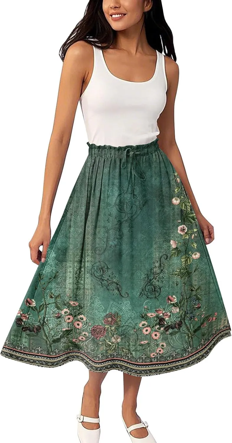 ADHOWBEW Long Skirts for Women A Line Flowy Beach High Waisted Midi Length Trendy Cute Plus Size Casual Ruffle Summer Skirts