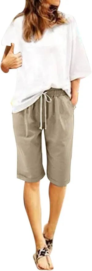 AMDBEL White Bermuda Shorts for Women High Waisted,Denim Bermuda Shorts for Women High Waisted,Womens Bermuda Shorts Summer Sweat Shorts with Deep Pockets Cotton Shorts for Women Gym Workout