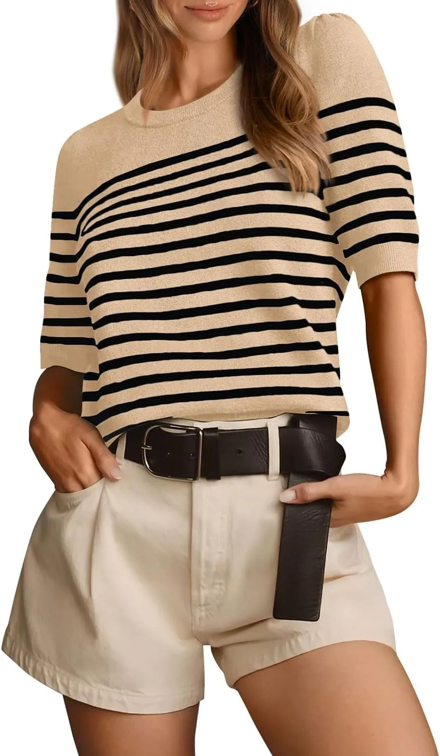 Amkoyam Women's 2025 Short Sleeve Crew Neck T Shirts Casual Striped Ribbed Knit Pullover Sweater Tops