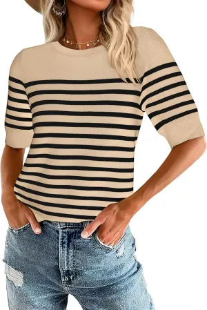 Amkoyam Women's 2025 Short Sleeve Crew Neck T Shirts Casual Striped Ribbed Knit Pullover Sweater Tops