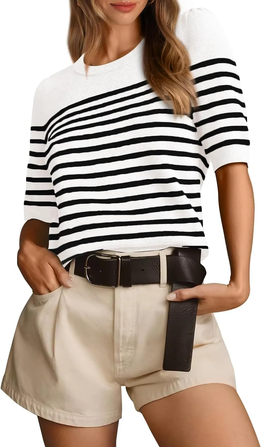 Amkoyam Women's 2025 Short Sleeve Crew Neck T Shirts Casual Striped Ribbed Knit Pullover Sweater Tops