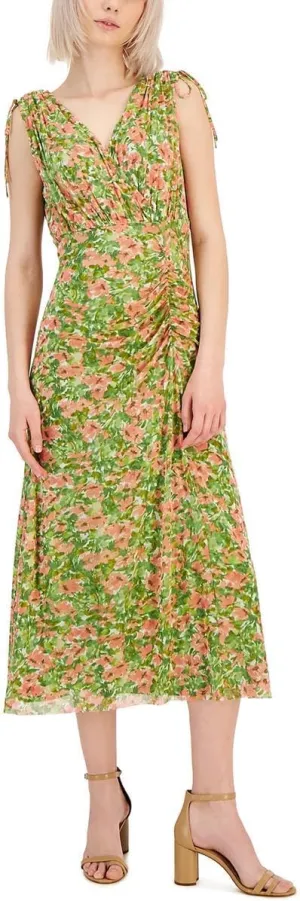 Anne Klein Womens Printed Ruched Fit & Flare Dress