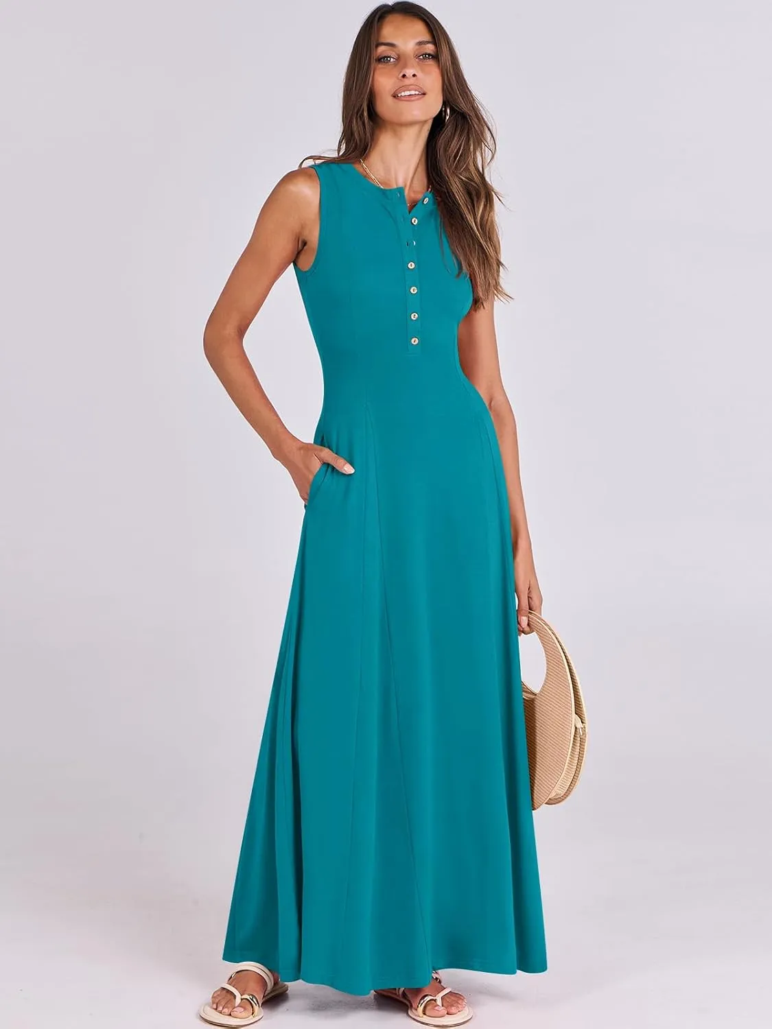ANRABESS Women Summer Casual Sleeveless Maxi Sundress Button Fit & Flare A-Line Flowy Long Dresses 2025 Beach Outfits