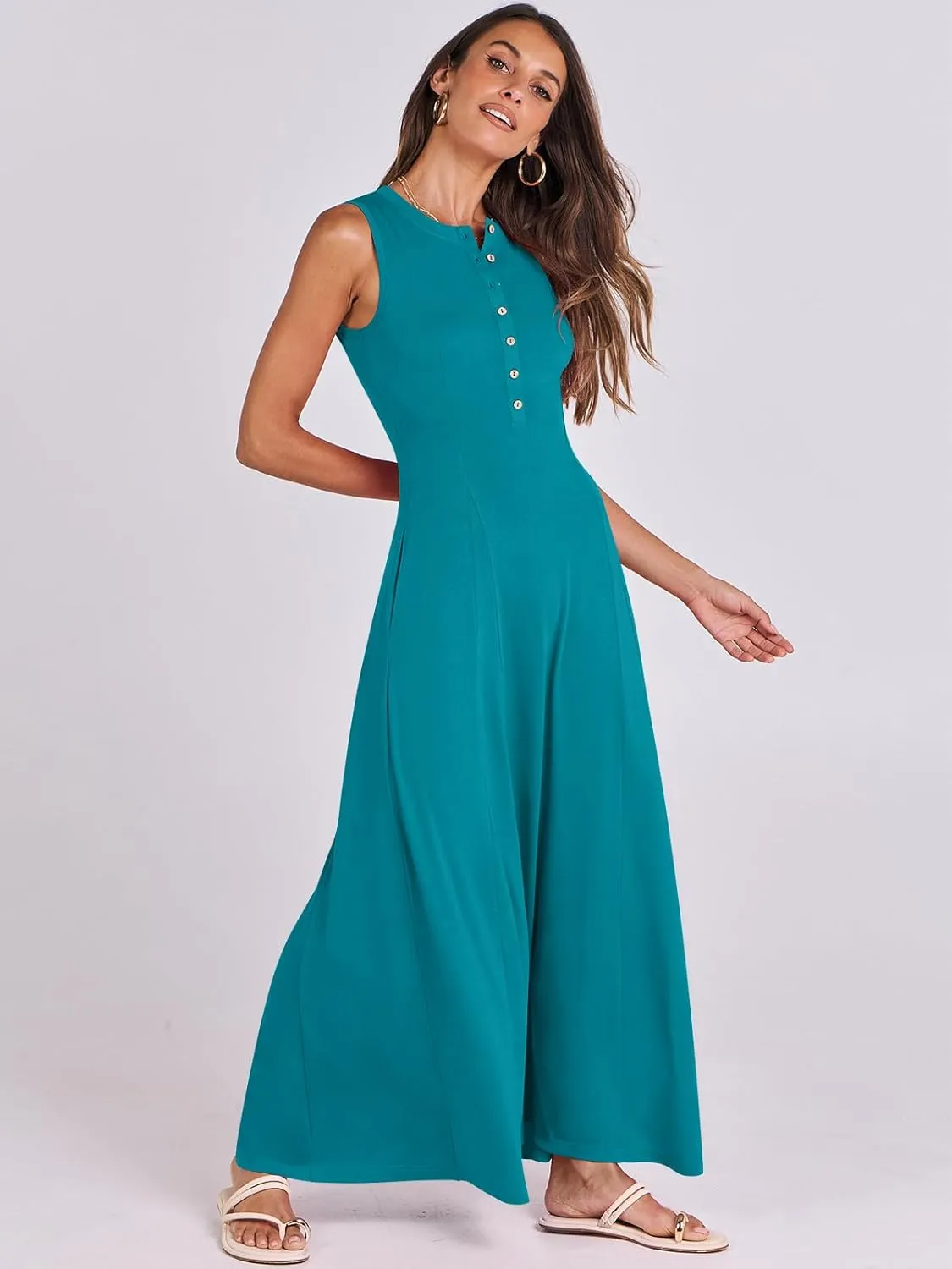 ANRABESS Women Summer Casual Sleeveless Maxi Sundress Button Fit & Flare A-Line Flowy Long Dresses 2025 Beach Outfits