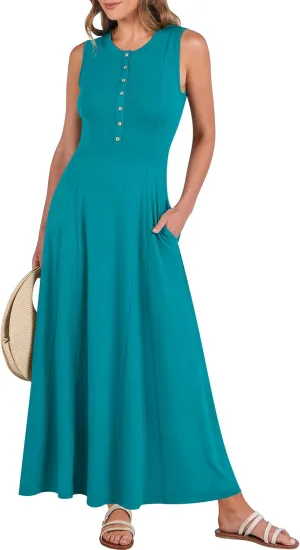 ANRABESS Women Summer Casual Sleeveless Maxi Sundress Button Fit & Flare A-Line Flowy Long Dresses 2025 Beach Outfits