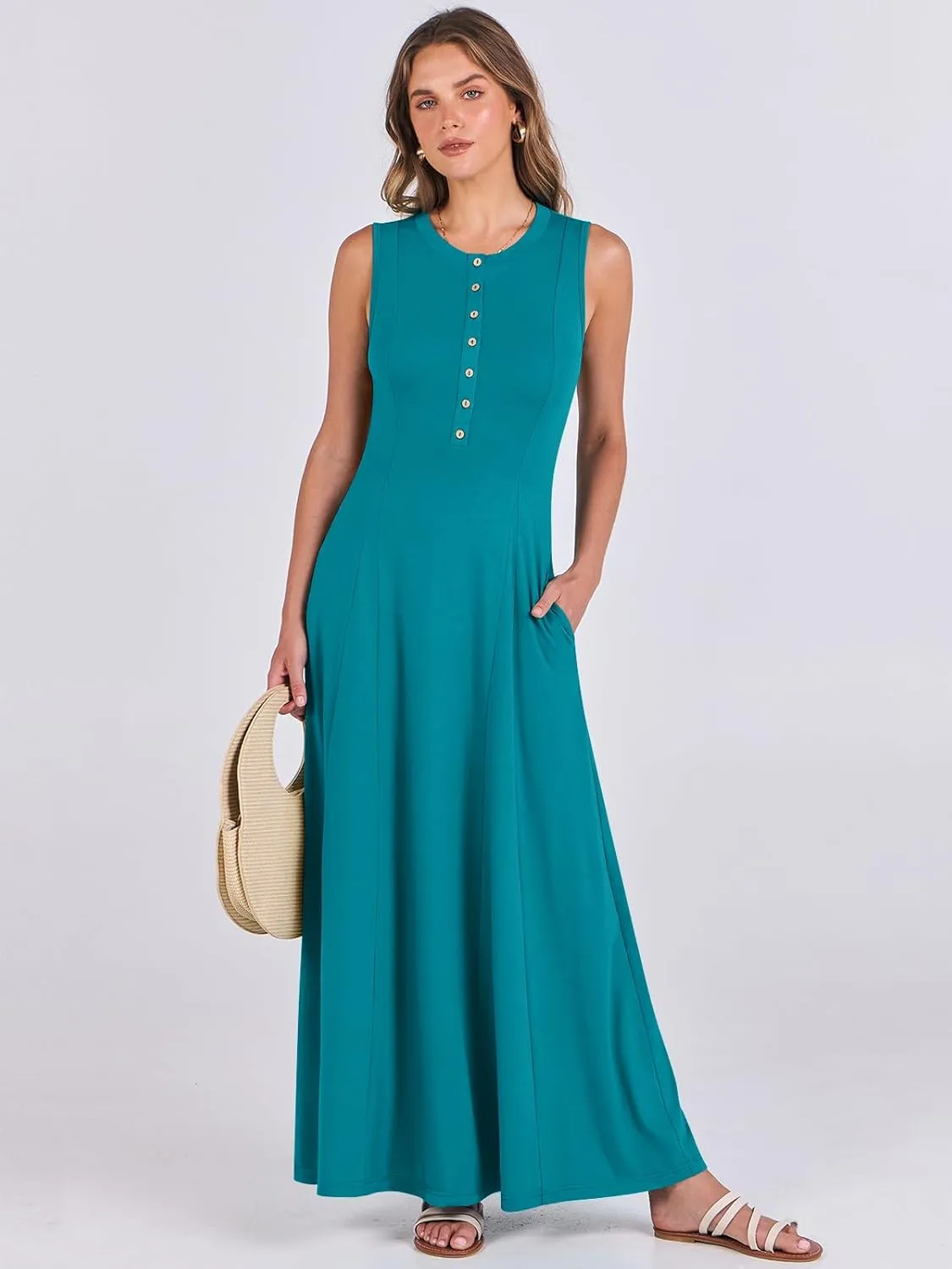 ANRABESS Women Summer Casual Sleeveless Maxi Sundress Button Fit & Flare A-Line Flowy Long Dresses 2025 Beach Outfits