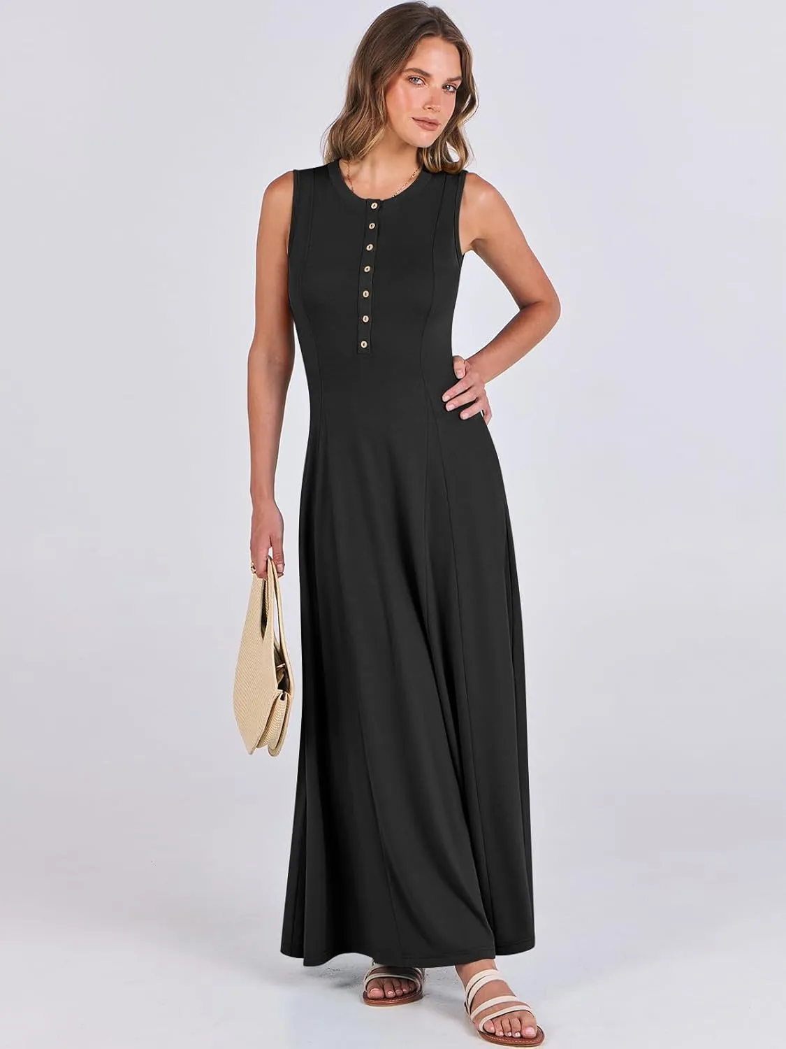ANRABESS Women Summer Casual Sleeveless Maxi Sundress Button Fit & Flare A-Line Flowy Long Dresses 2025 Beach Outfits