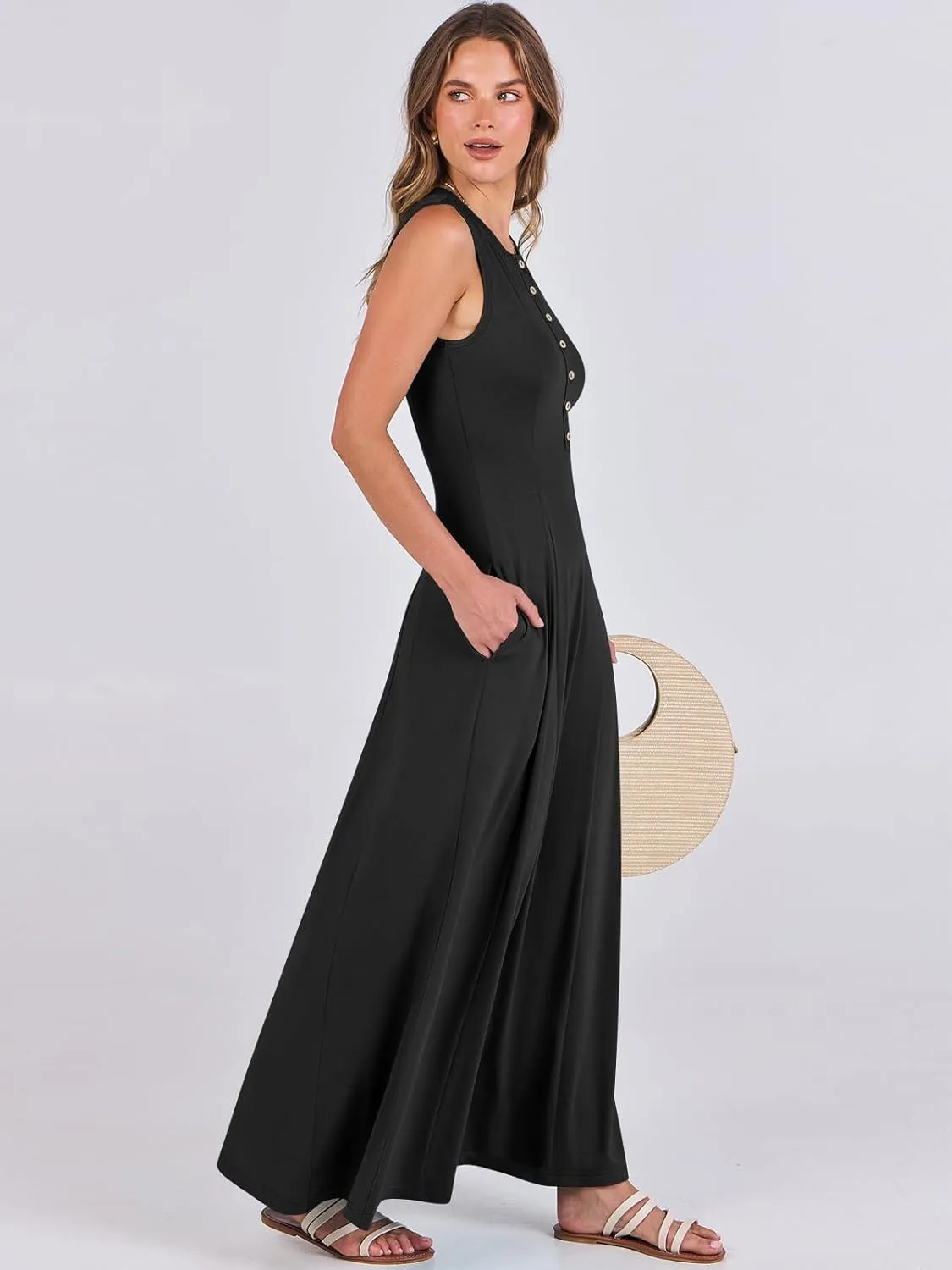 ANRABESS Women Summer Casual Sleeveless Maxi Sundress Button Fit & Flare A-Line Flowy Long Dresses 2025 Beach Outfits