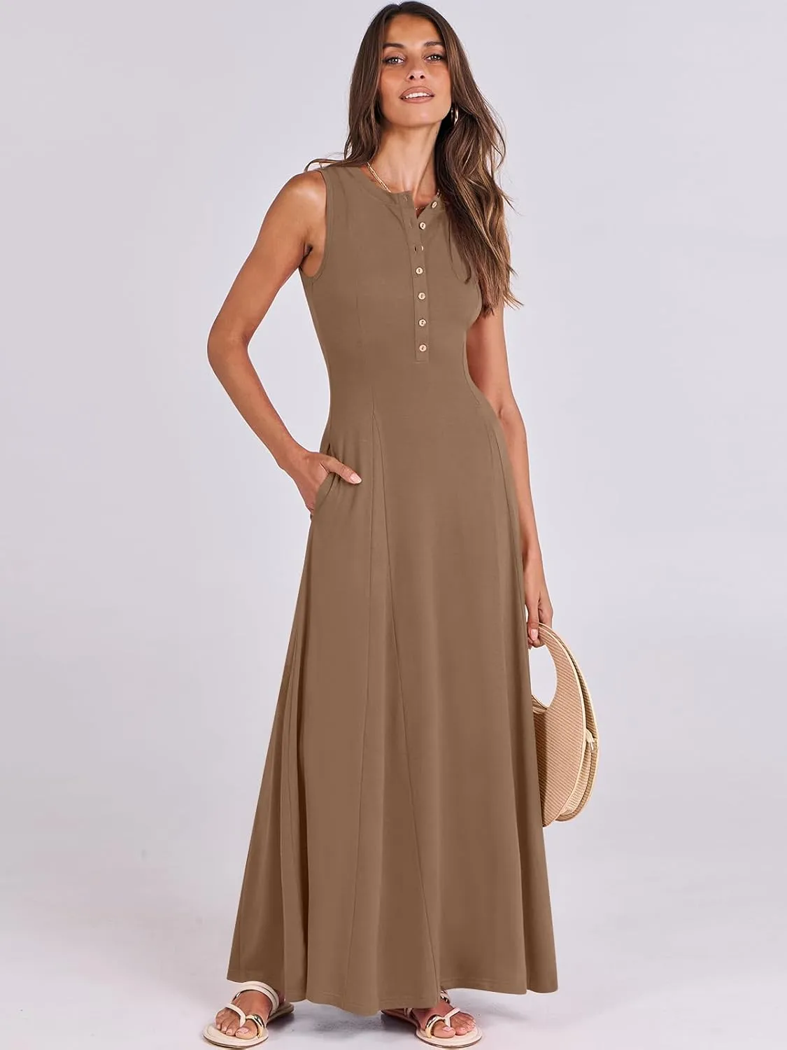 ANRABESS Women Summer Casual Sleeveless Maxi Sundress Button Fit & Flare A-Line Flowy Long Dresses 2025 Beach Outfits