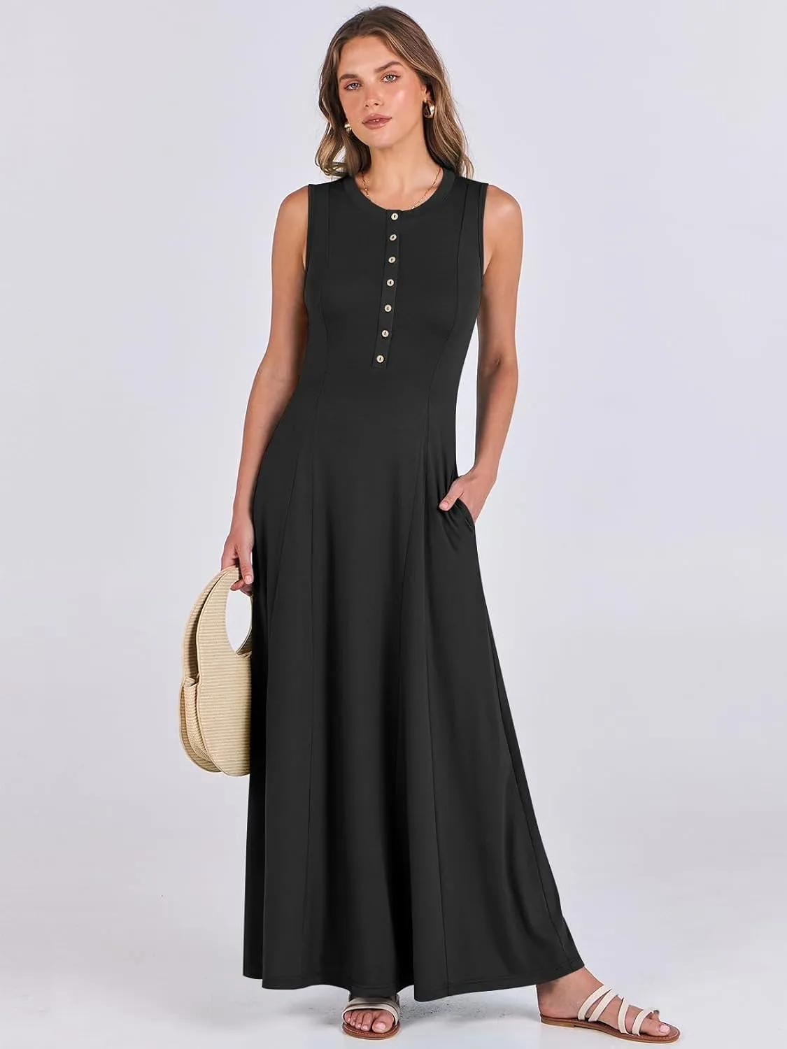 ANRABESS Women Summer Casual Sleeveless Maxi Sundress Button Fit & Flare A-Line Flowy Long Dresses 2025 Beach Outfits