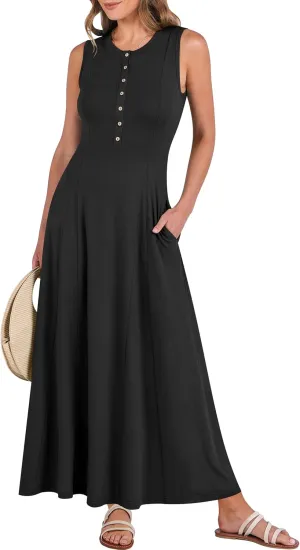 ANRABESS Women Summer Casual Sleeveless Maxi Sundress Button Fit & Flare A-Line Flowy Long Dresses 2025 Beach Outfits