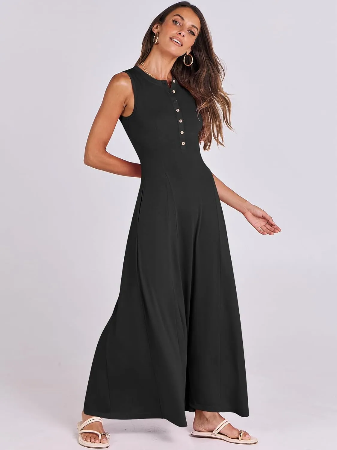 ANRABESS Women Summer Casual Sleeveless Maxi Sundress Button Fit & Flare A-Line Flowy Long Dresses 2025 Beach Outfits