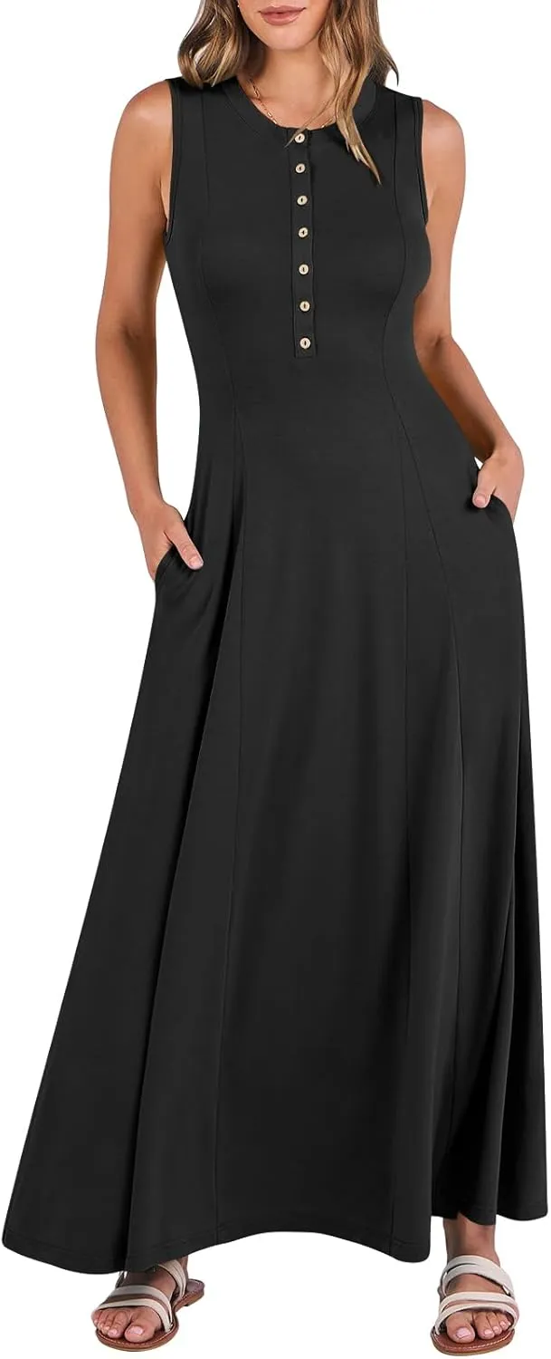 ANRABESS Women Summer Casual Sleeveless Maxi Sundress Button Fit & Flare A-Line Flowy Long Dresses 2025 Beach Outfits