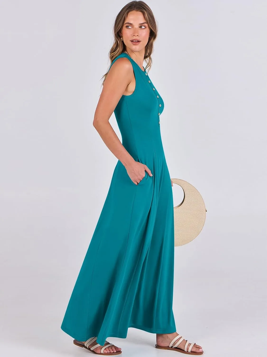 ANRABESS Women Summer Casual Sleeveless Maxi Sundress Button Fit & Flare A-Line Flowy Long Dresses 2025 Beach Outfits