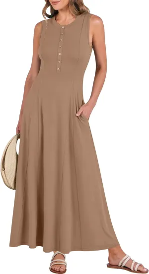 ANRABESS Women Summer Casual Sleeveless Maxi Sundress Button Fit & Flare A-Line Flowy Long Dresses 2025 Beach Outfits