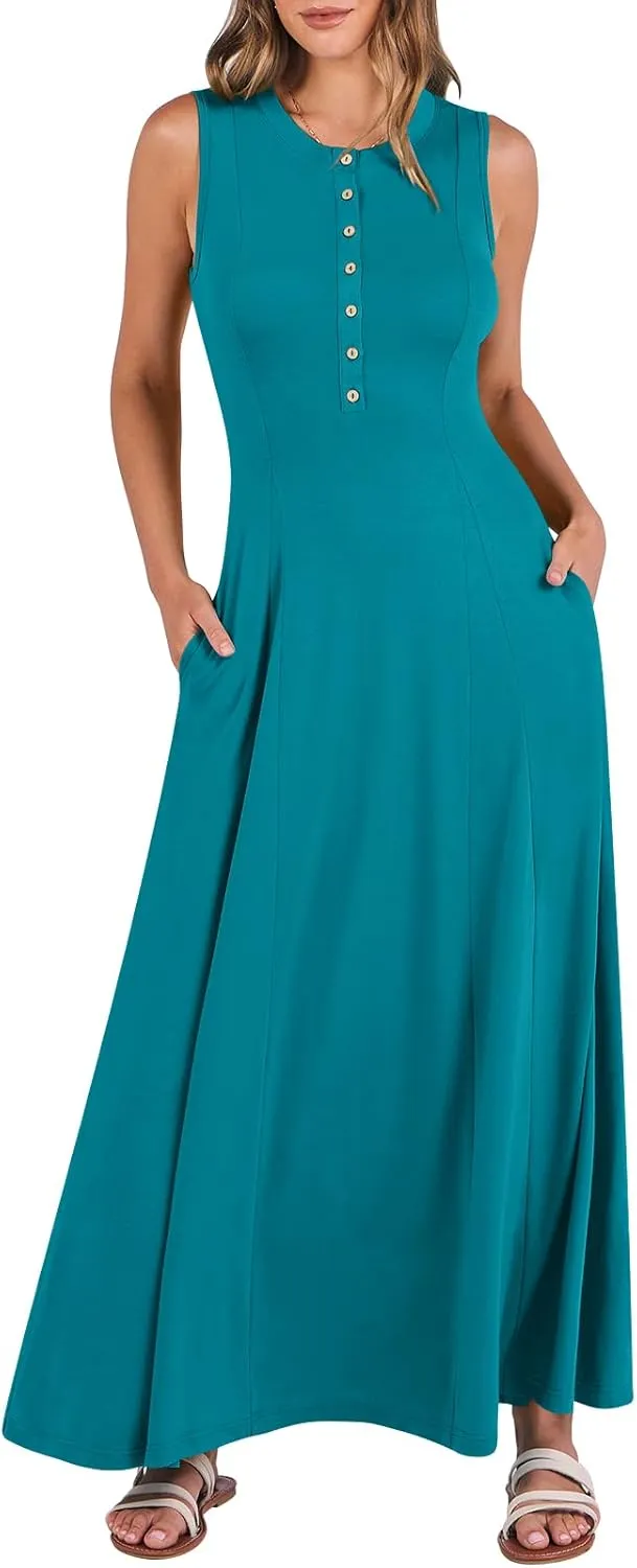 ANRABESS Women Summer Casual Sleeveless Maxi Sundress Button Fit & Flare A-Line Flowy Long Dresses 2025 Beach Outfits