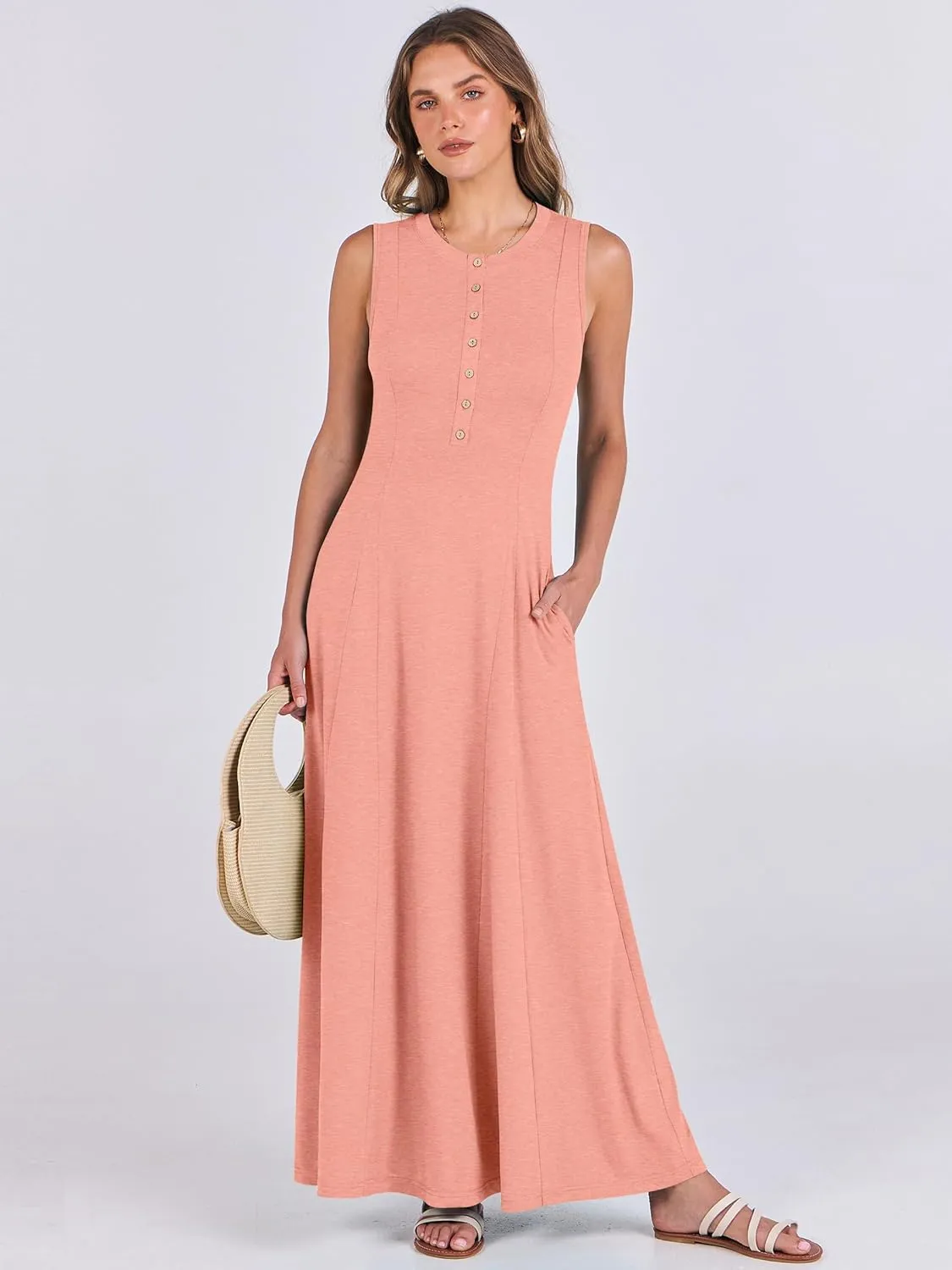ANRABESS Women Summer Casual Sleeveless Maxi Sundress Button Fit & Flare A-Line Flowy Long Dresses 2025 Beach Outfits