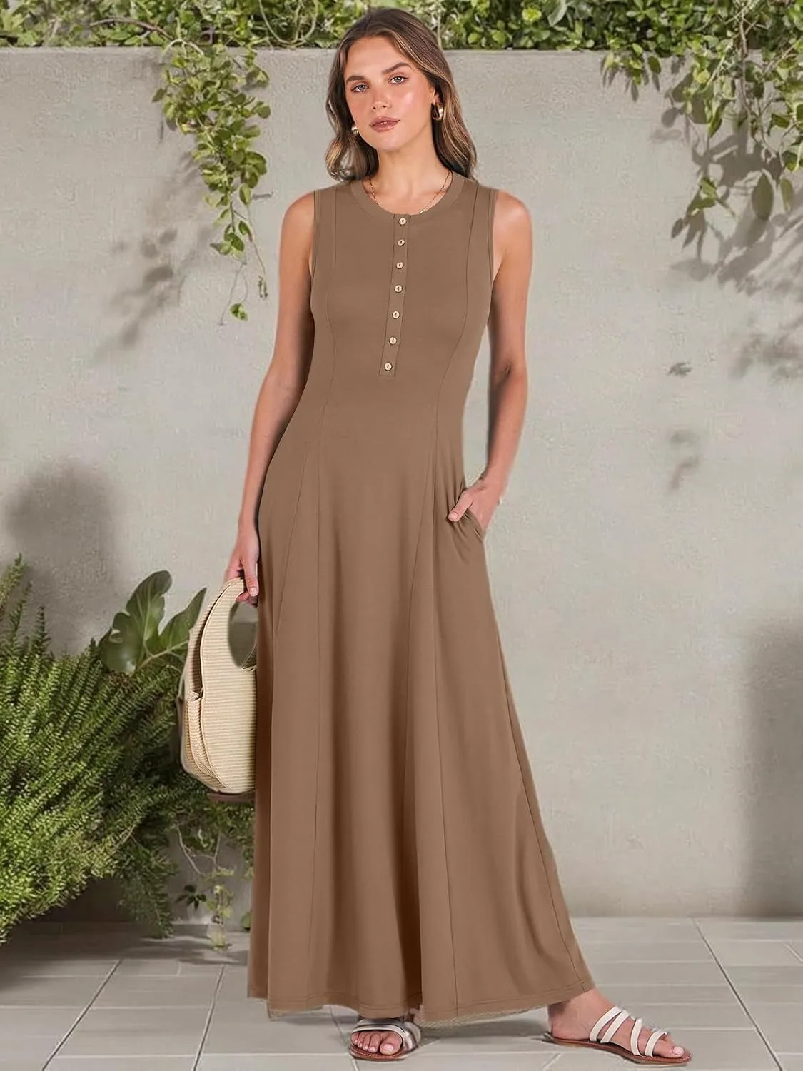 ANRABESS Women Summer Casual Sleeveless Maxi Sundress Button Fit & Flare A-Line Flowy Long Dresses 2025 Beach Outfits