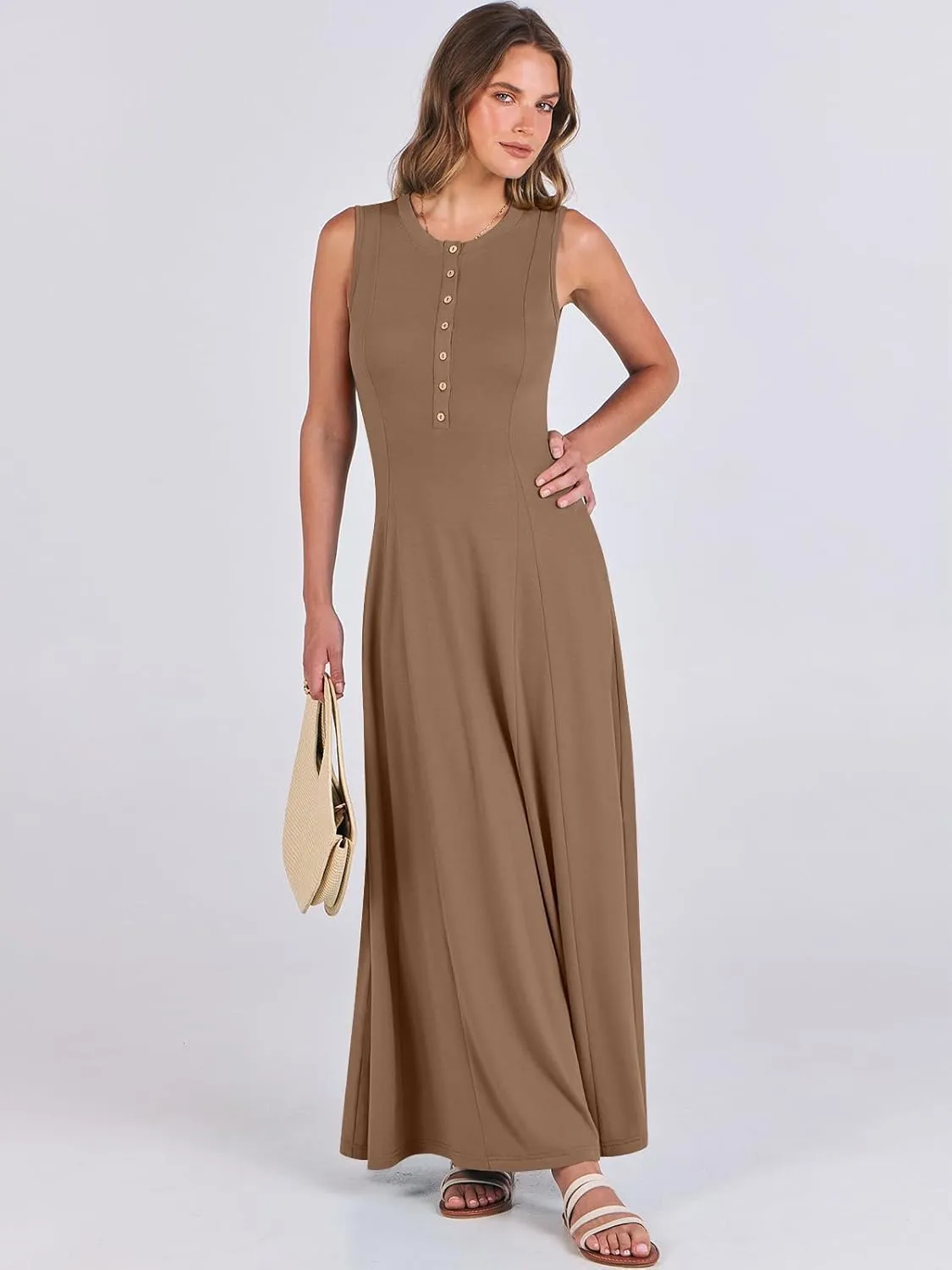 ANRABESS Women Summer Casual Sleeveless Maxi Sundress Button Fit & Flare A-Line Flowy Long Dresses 2025 Beach Outfits