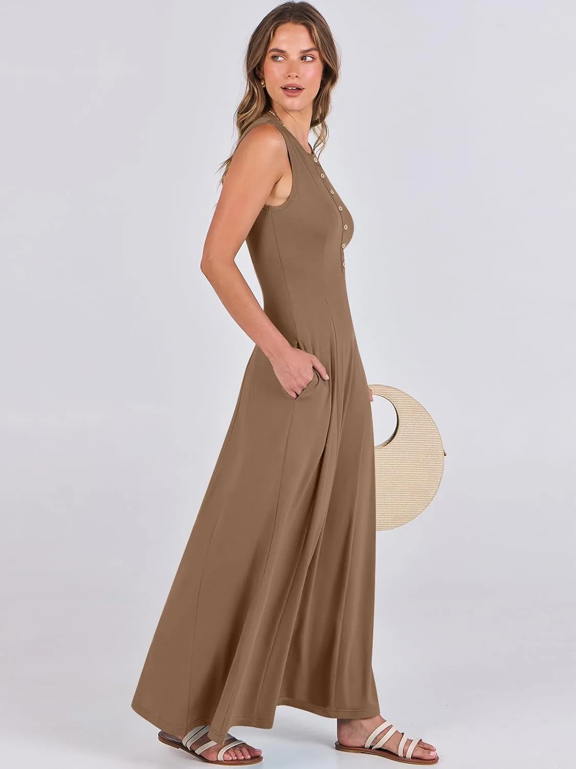 ANRABESS Women Summer Casual Sleeveless Maxi Sundress Button Fit & Flare A-Line Flowy Long Dresses 2025 Beach Outfits