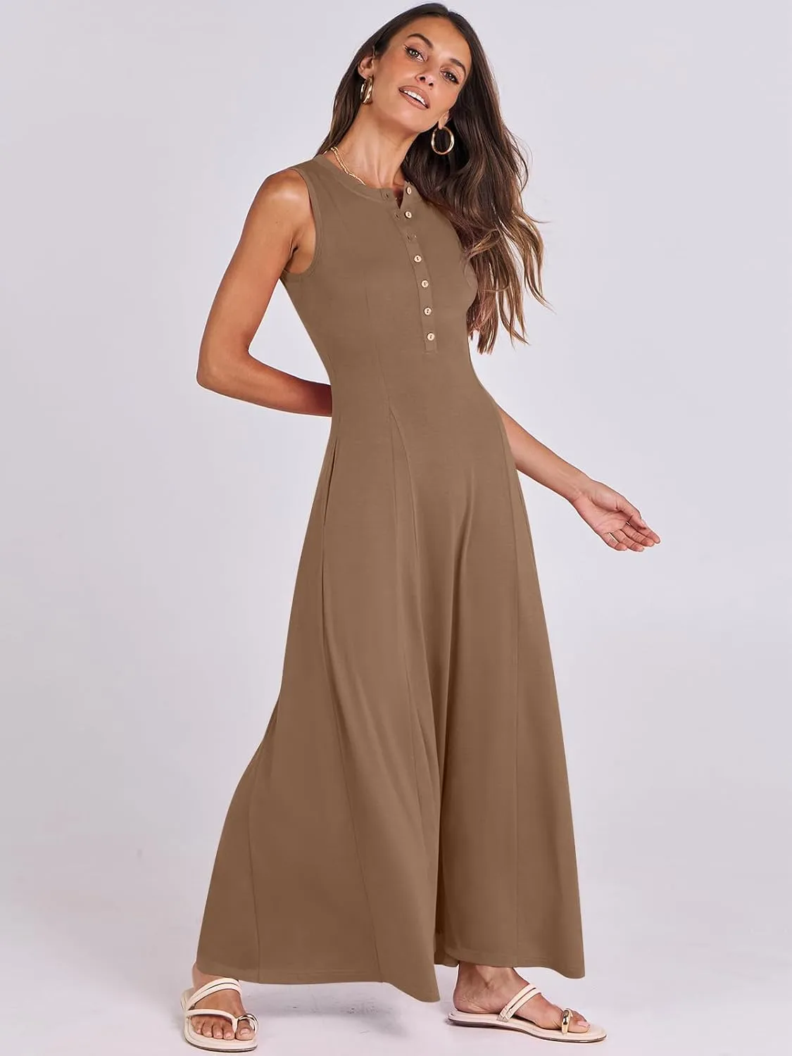 ANRABESS Women Summer Casual Sleeveless Maxi Sundress Button Fit & Flare A-Line Flowy Long Dresses 2025 Beach Outfits