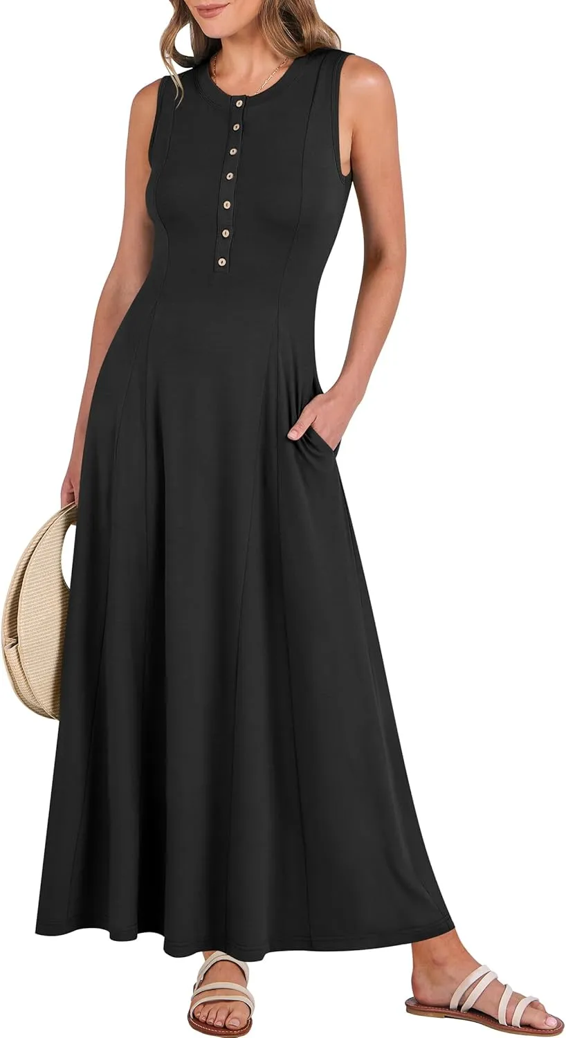 ANRABESS Women Summer Casual Sleeveless Maxi Sundress Button Fit & Flare A-Line Flowy Long Dresses 2025 Beach Outfits
