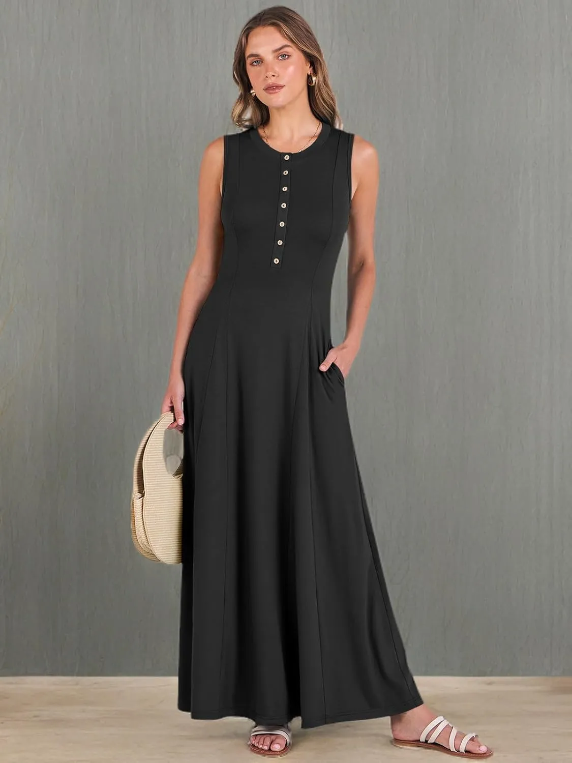 ANRABESS Women Summer Casual Sleeveless Maxi Sundress Button Fit & Flare A-Line Flowy Long Dresses 2025 Beach Outfits