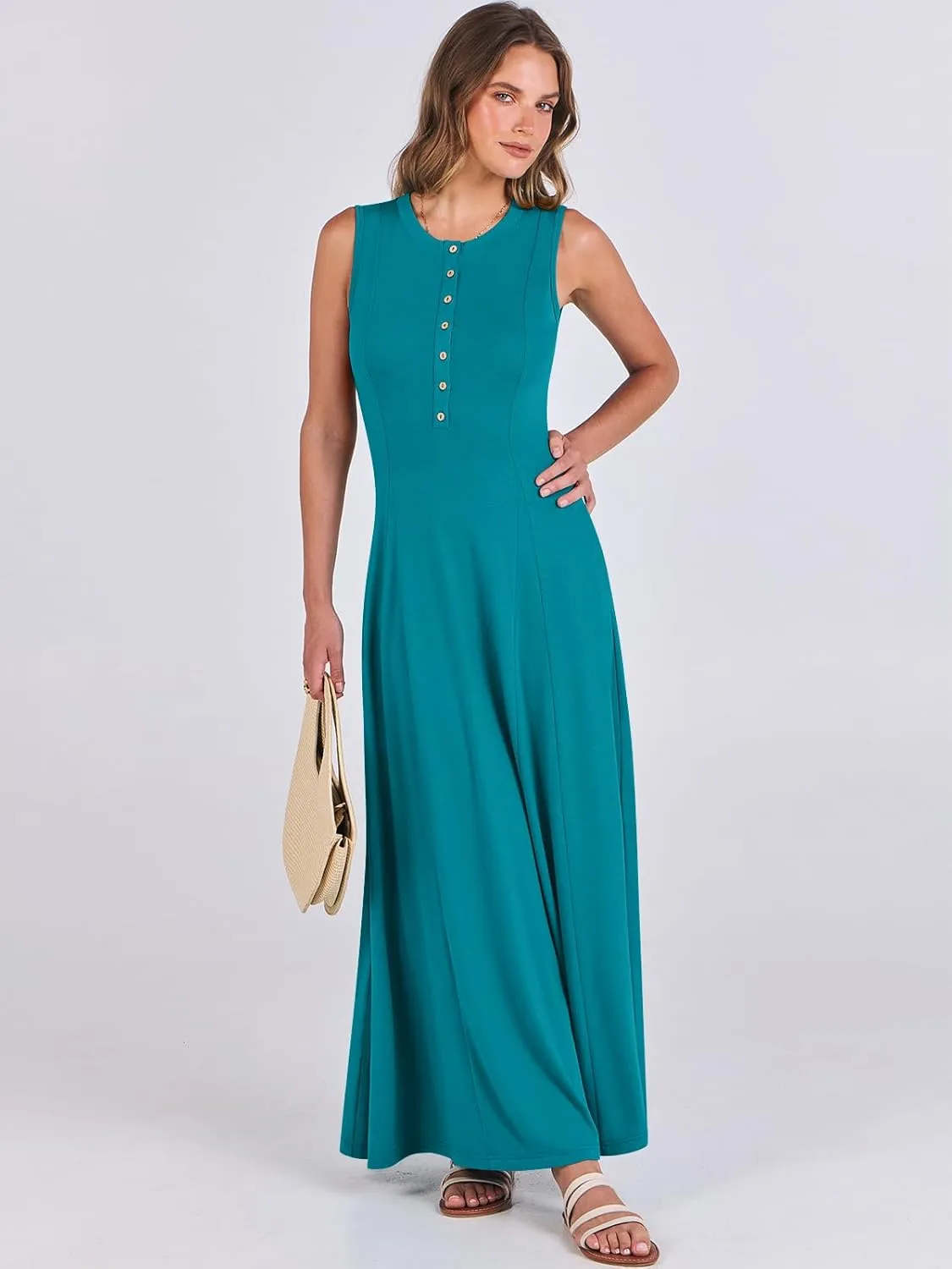 ANRABESS Women Summer Casual Sleeveless Maxi Sundress Button Fit & Flare A-Line Flowy Long Dresses 2025 Beach Outfits