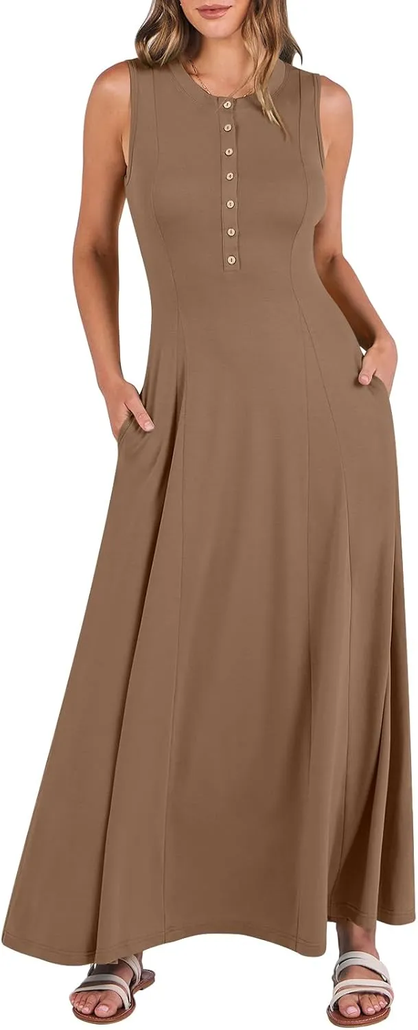 ANRABESS Women Summer Casual Sleeveless Maxi Sundress Button Fit & Flare A-Line Flowy Long Dresses 2025 Beach Outfits