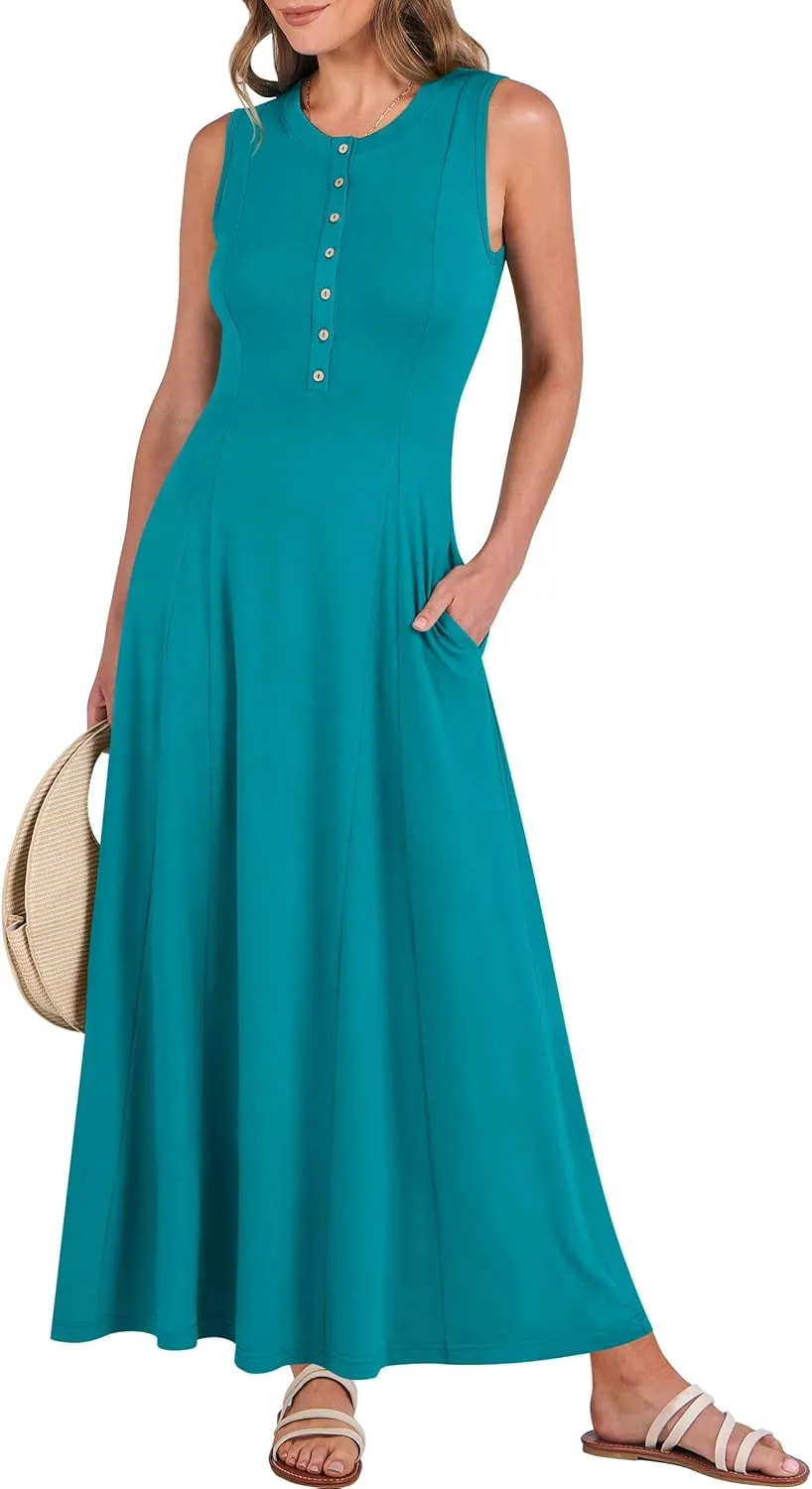ANRABESS Women Summer Casual Sleeveless Maxi Sundress Button Fit & Flare A-Line Flowy Long Dresses 2025 Beach Outfits
