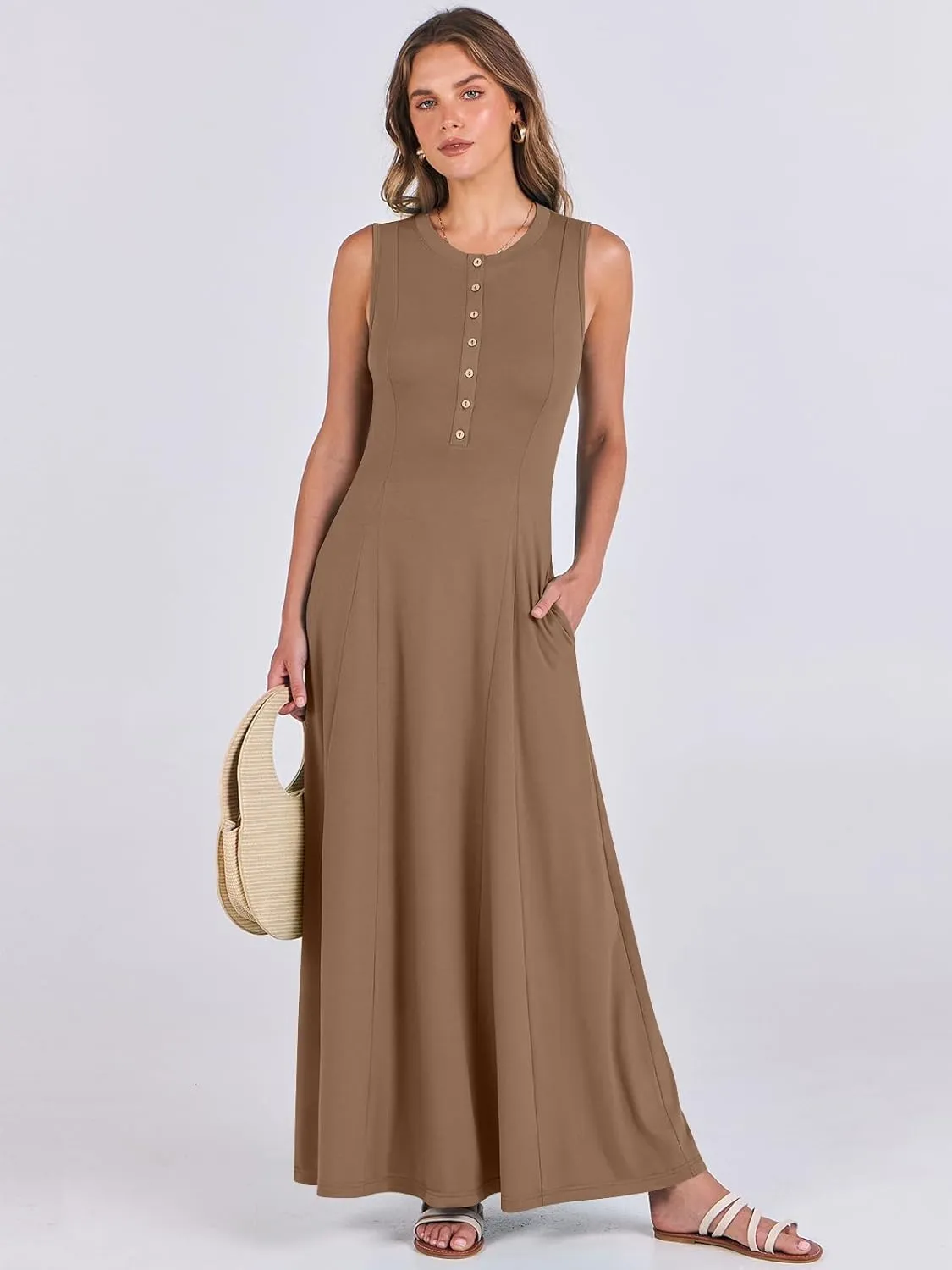 ANRABESS Women Summer Casual Sleeveless Maxi Sundress Button Fit & Flare A-Line Flowy Long Dresses 2025 Beach Outfits