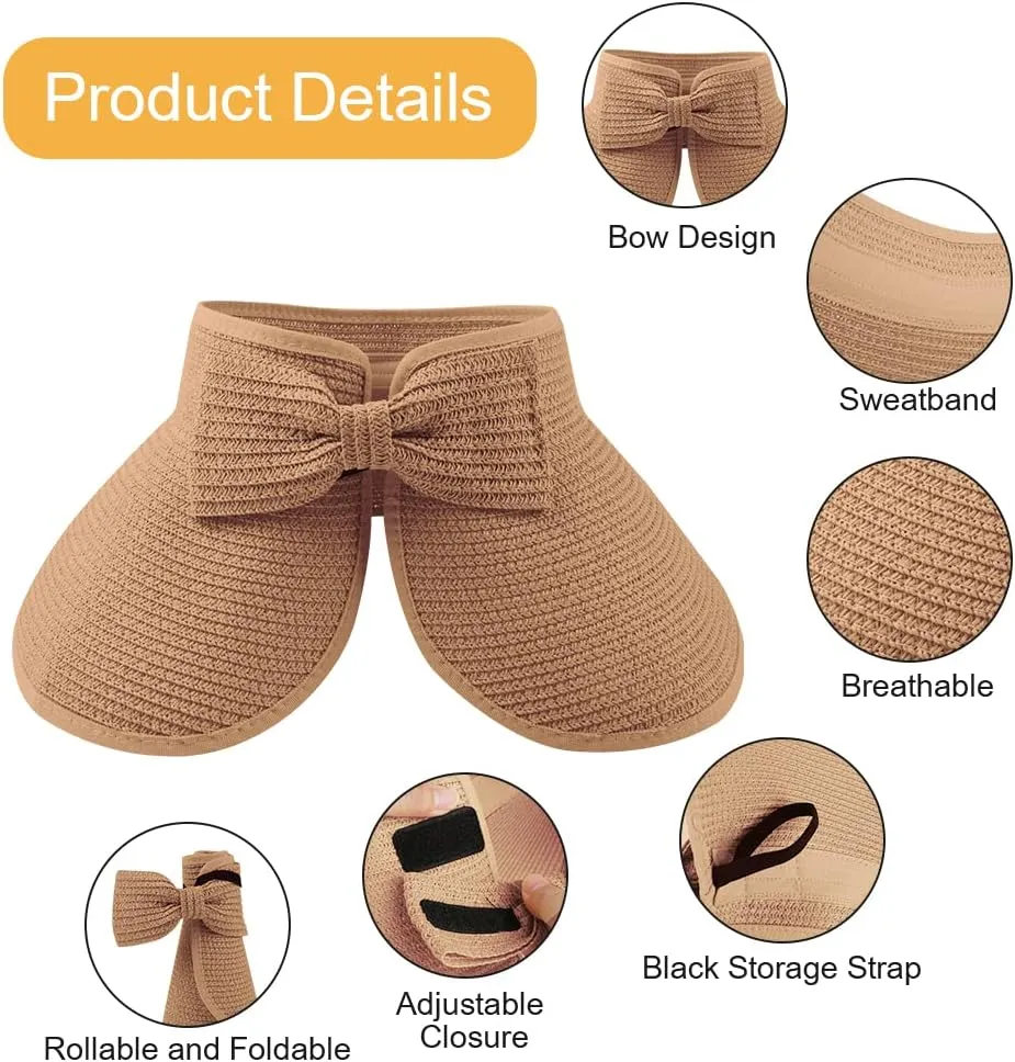 AOMIG Sun Visor Hats Sun Hats for Women Wide Brim Sun Straw Hat UPF Summer Empty Top Sun Cap UV Protection Sun Cap Foldable