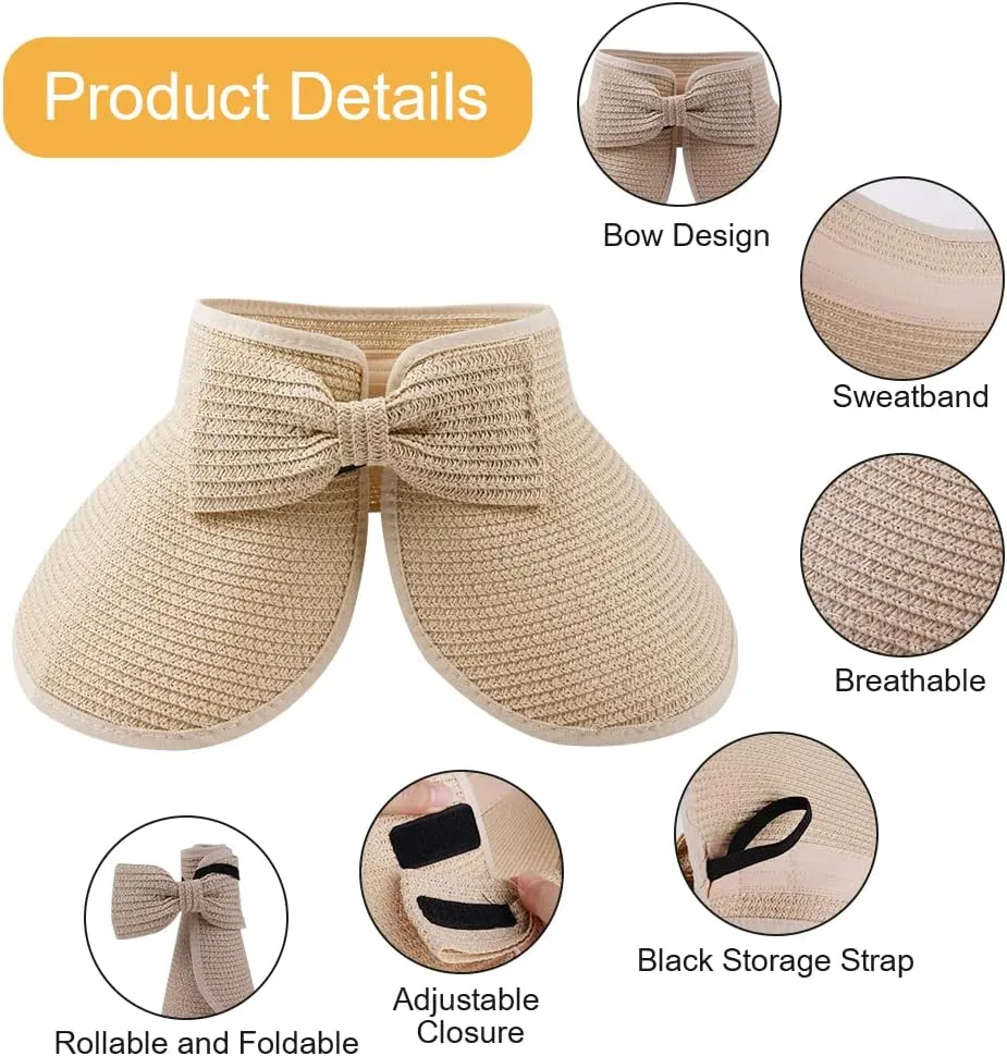 AOMIG Sun Visor Hats Sun Hats for Women Wide Brim Sun Straw Hat UPF Summer Empty Top Sun Cap UV Protection Sun Cap Foldable