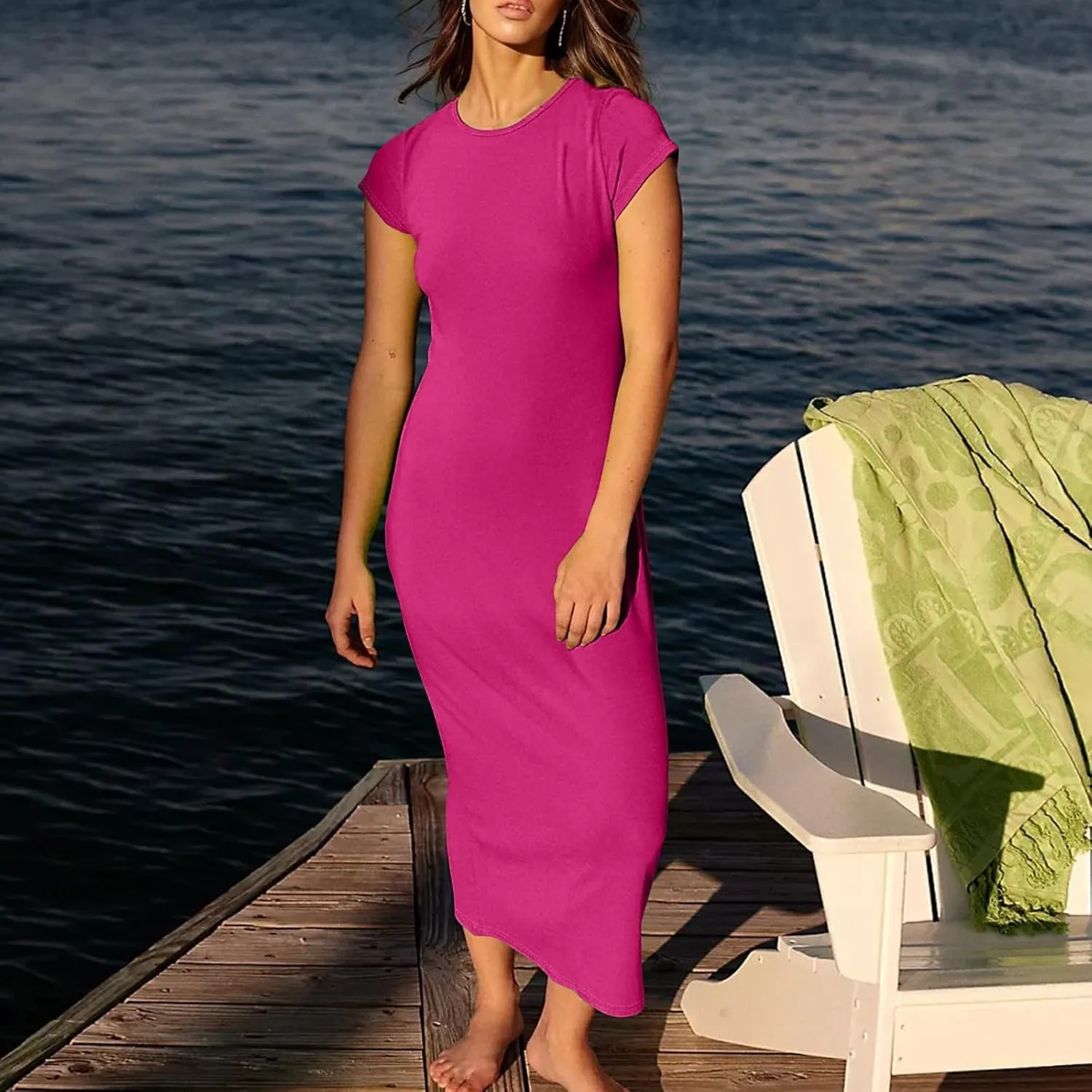 Azeralia Womens Spring Summer 2025 Maxi Dresses Empire Waist Long Summer Dress Casual Short Sleeve Sundress