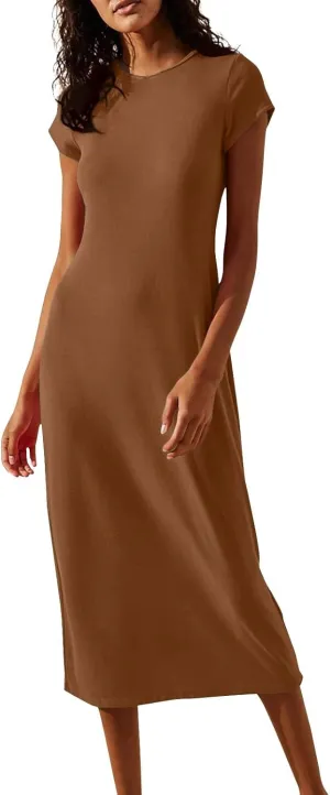 Azeralia Womens Spring Summer 2025 Maxi Dresses Empire Waist Long Summer Dress Casual Short Sleeve Sundress