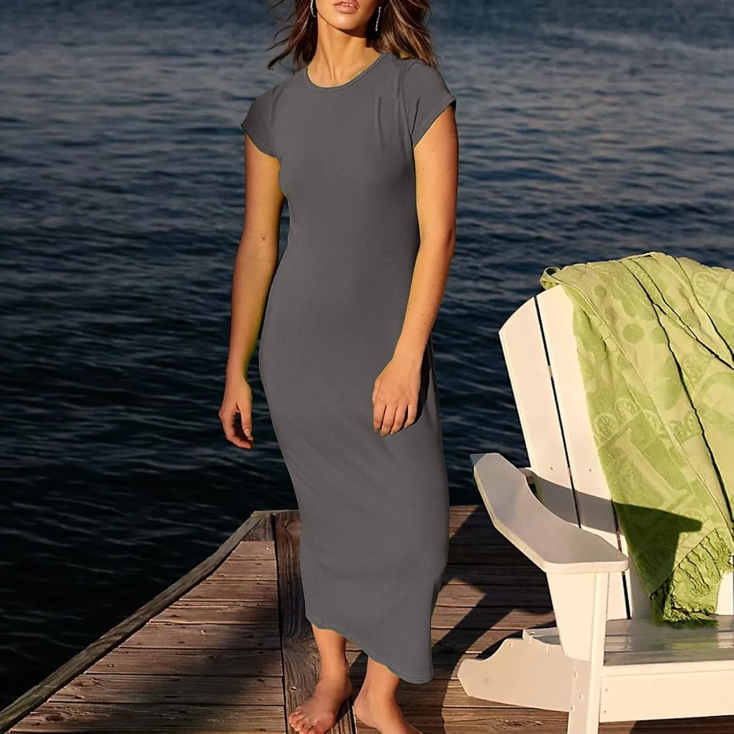 Azeralia Womens Spring Summer 2025 Maxi Dresses Empire Waist Long Summer Dress Casual Short Sleeve Sundress