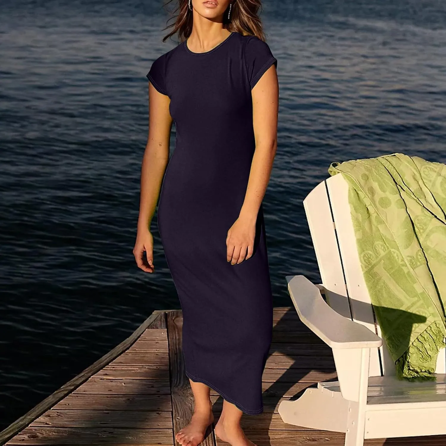 Azeralia Womens Spring Summer 2025 Maxi Dresses Empire Waist Long Summer Dress Casual Short Sleeve Sundress
