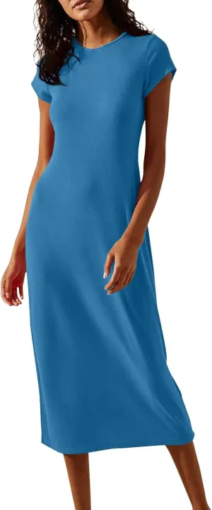 Azeralia Womens Spring Summer 2025 Maxi Dresses Empire Waist Long Summer Dress Casual Short Sleeve Sundress