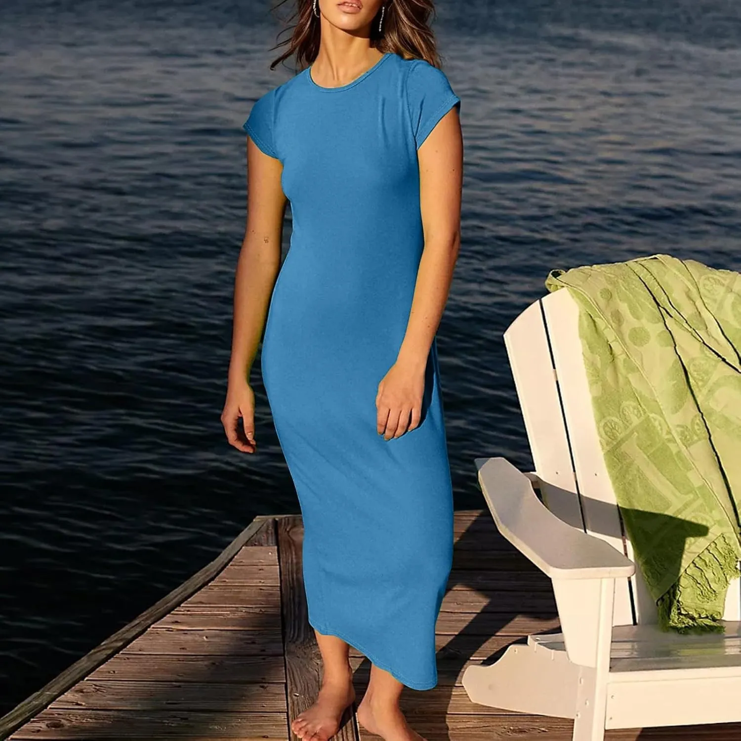 Azeralia Womens Spring Summer 2025 Maxi Dresses Empire Waist Long Summer Dress Casual Short Sleeve Sundress