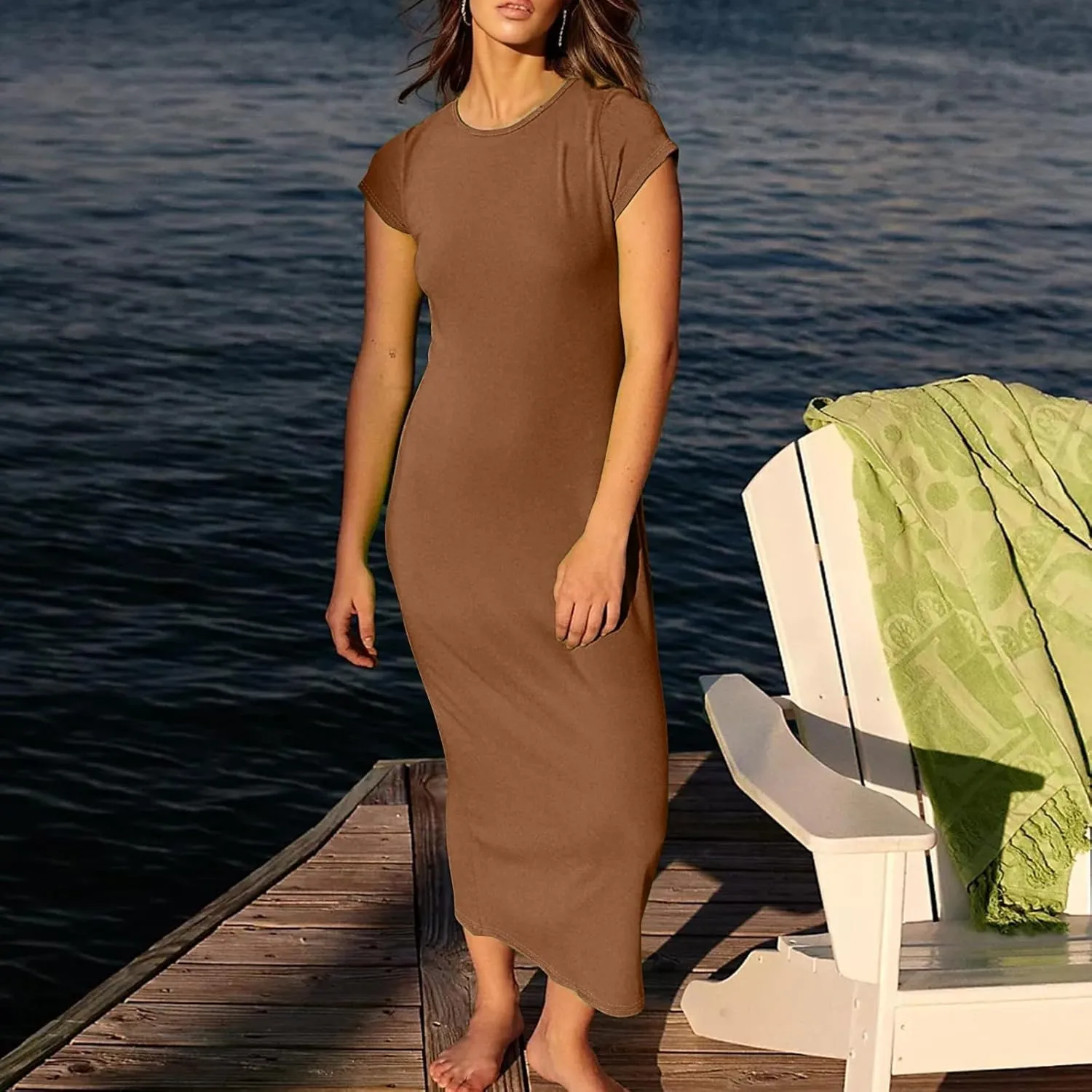 Azeralia Womens Spring Summer 2025 Maxi Dresses Empire Waist Long Summer Dress Casual Short Sleeve Sundress