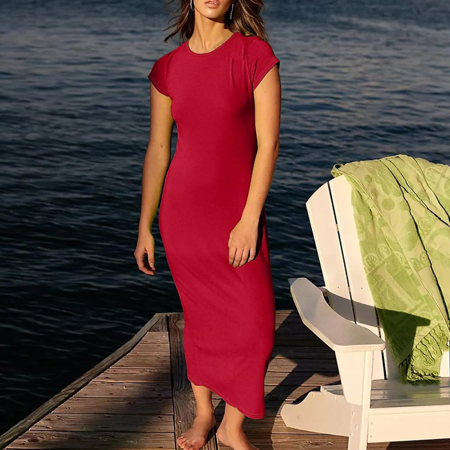 Azeralia Womens Spring Summer 2025 Maxi Dresses Empire Waist Long Summer Dress Casual Short Sleeve Sundress