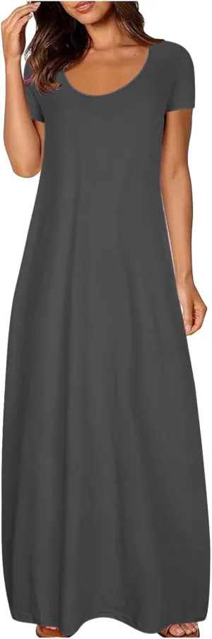Beach Sundress for Women Summer Vacation Casual Crewneck Sundress Loose Fit Flowy Summer Boho Long Linen Dresses