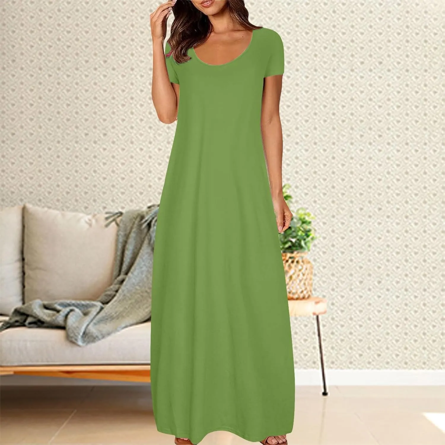 Beach Sundress for Women Summer Vacation Casual Crewneck Sundress Loose Fit Flowy Summer Boho Long Linen Dresses