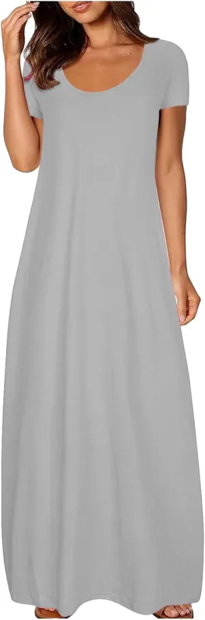 Beach Sundress for Women Summer Vacation Casual Crewneck Sundress Loose Fit Flowy Summer Boho Long Linen Dresses