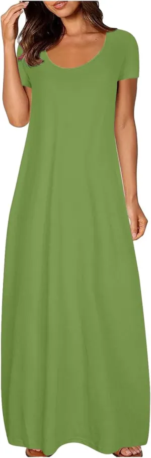 Beach Sundress for Women Summer Vacation Casual Crewneck Sundress Loose Fit Flowy Summer Boho Long Linen Dresses