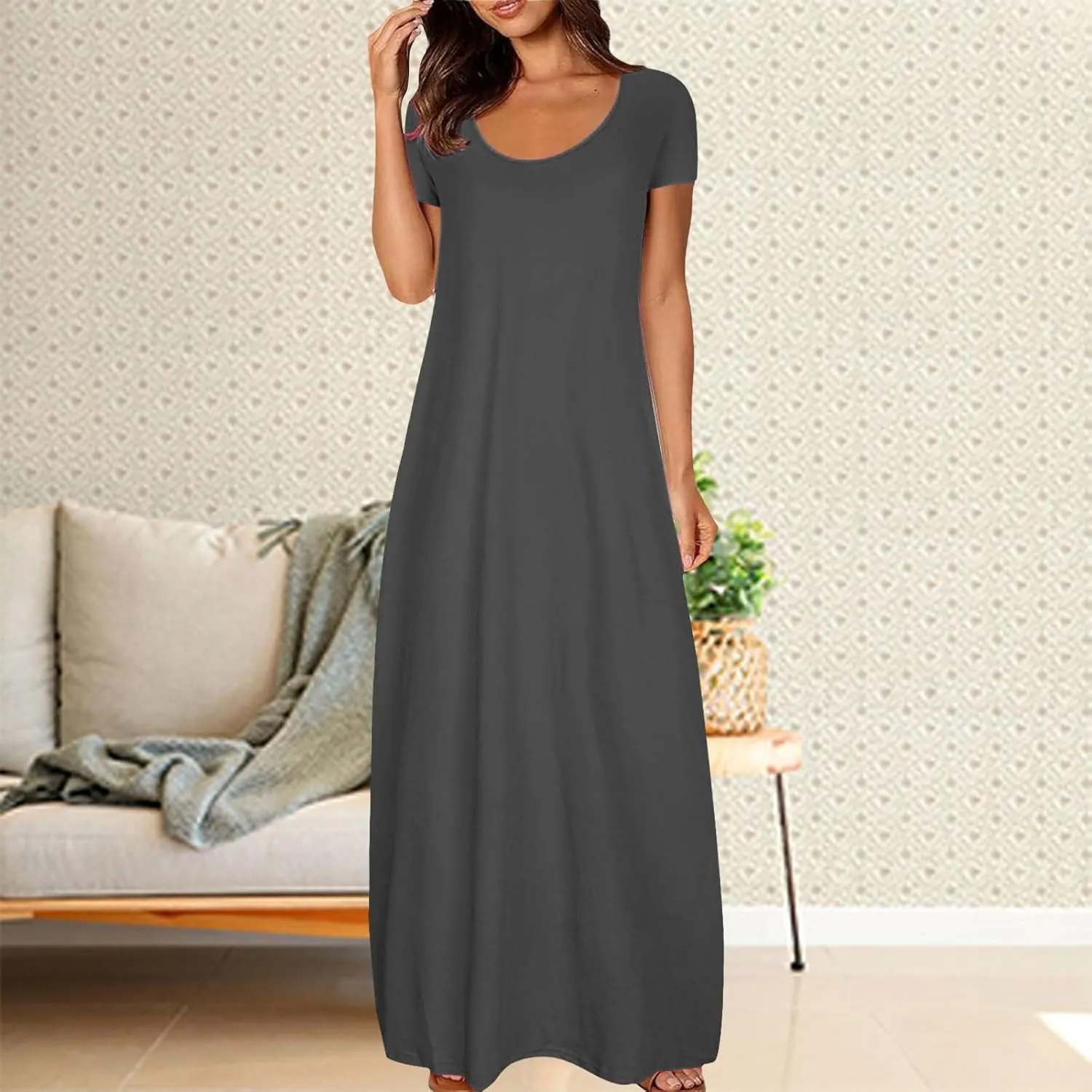 Beach Sundress for Women Summer Vacation Casual Crewneck Sundress Loose Fit Flowy Summer Boho Long Linen Dresses